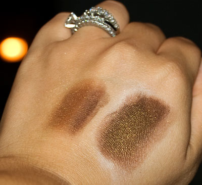 BEFORE, bare hand (left) - AFTER, on top of NYX Eyeshadow Base (right)