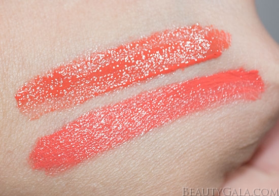 Top to bottom: L.A. Girl Glazed Lip Paint in Hot Mess, Too Faced Melted Lipstick in Coral